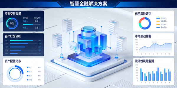 智慧金融解决方案展示界面，显示实时数据仪表盘和风险分析图表